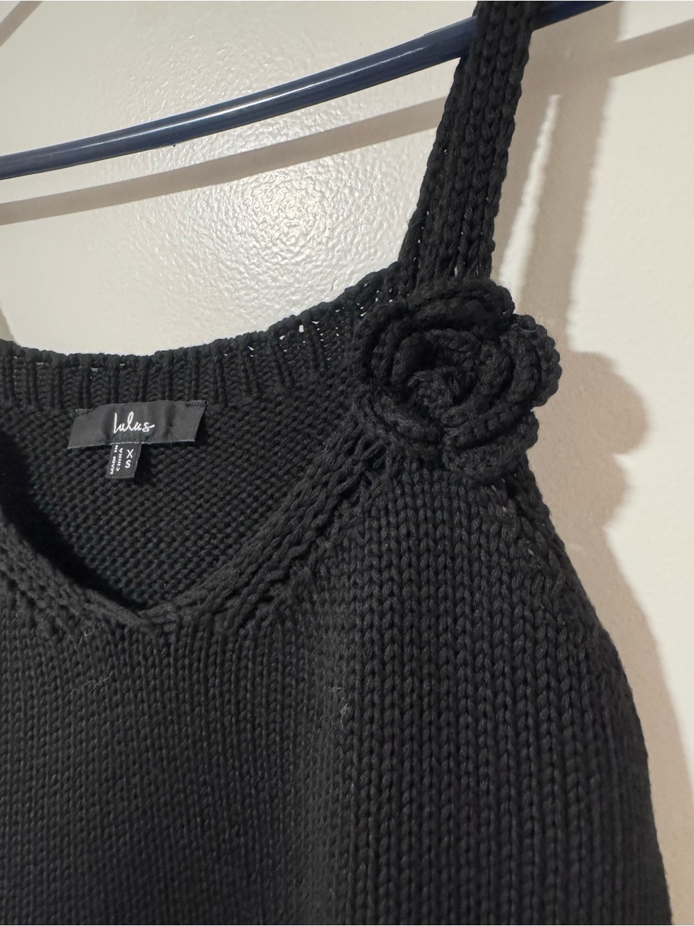 Lulu's Black Knit V-Neck Tank with Floral Strap Accent